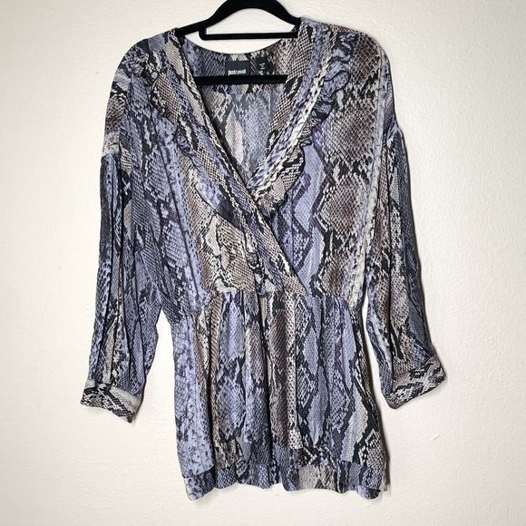 Just Cavalli Tops - Just Cavalli Snakeskin Print Long Sleeve Blouse 40 Sm Ruffle V-Neck Purple Gray